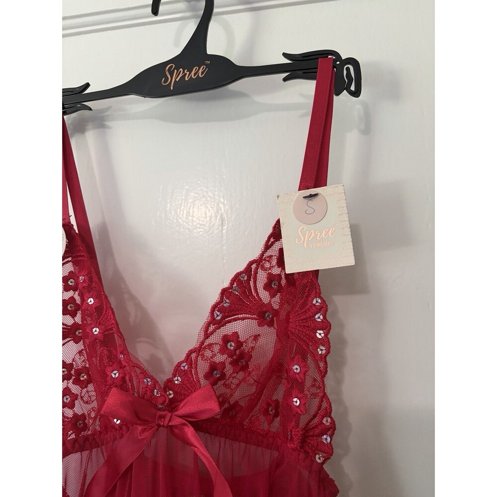NWT Red Lace Babydoll Lingerie Thong Set Sheer Nightgown Small Spree Intimates - Picture 2 of 6